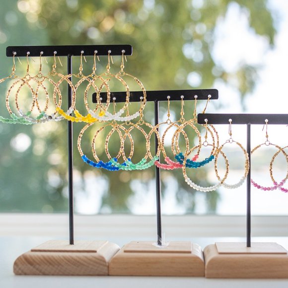 Blue Apatite Sparkly Gold Hoop Earrings Fun dangle party earrings gift for her - Picture 7 of 10